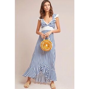 Larke Stripe Maxi Dress Women 4P Blue White Ruffle High Low Nautical Summer Boho